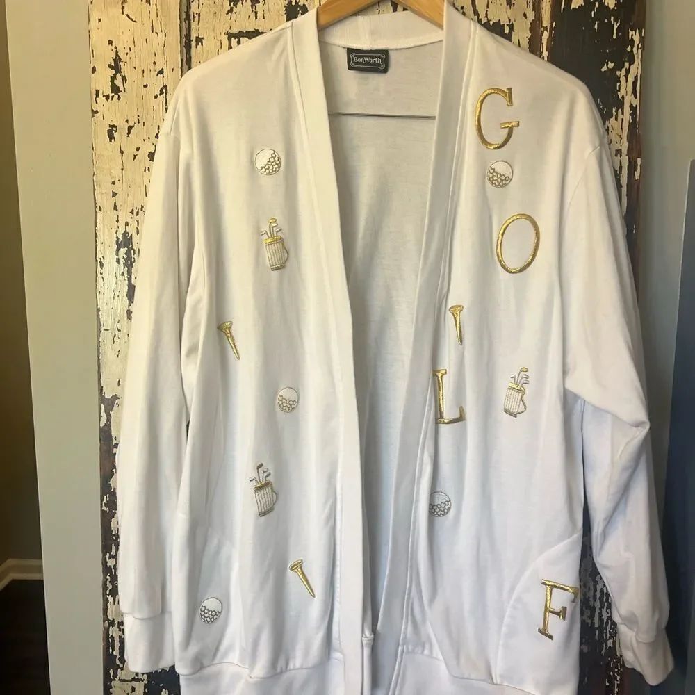 BonWorth White Cardigan with Golf Embroidery